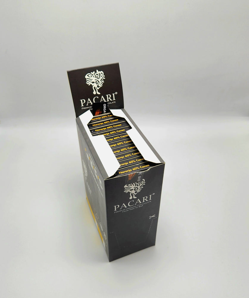 Whole carton with 10 organic, vegan chocolate bars with bitter orange.